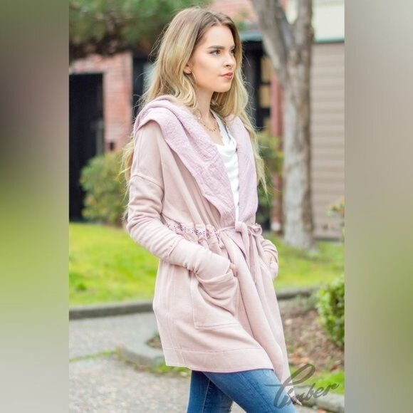 Free People Hooded Oversized Pink Cardigan Jacket - Picture 1 of 11